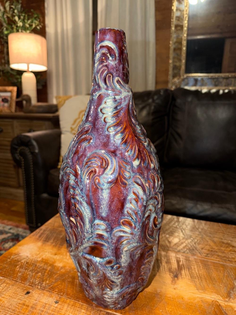 Handcrafted Swirl Ceramic Vase in Wine and Aqua Accents